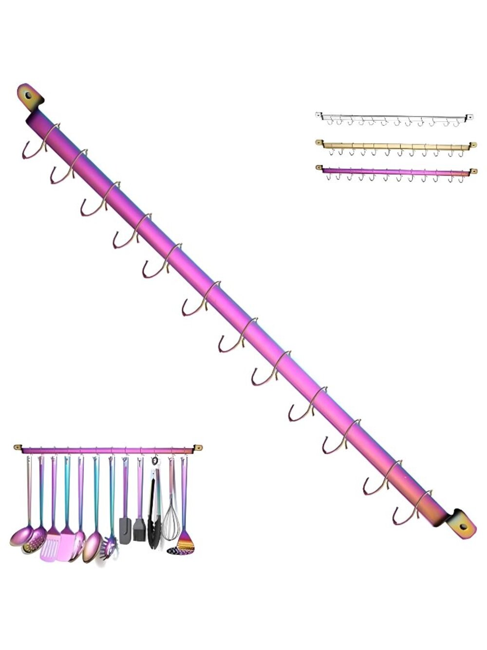 Kitchen Rack With Rainbow Titanium Plating, Rail Rack Organizer with 14 Hooks
